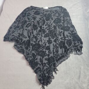 Notations Womens Black Floral Poncho Shawl With Fringe Trim One Size Whimsigoth